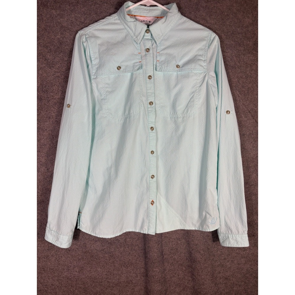 Orvis Womens Long Sleeve Fishing Shirt Mint Green Micro Check Roll Tab Small